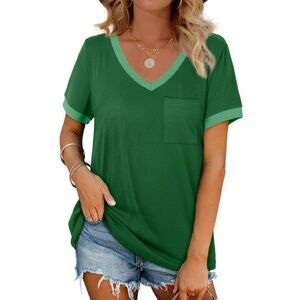 MOSHU V Neck Women T Shirts Short Sleeve Loose Casual Summer Tops with Pocket